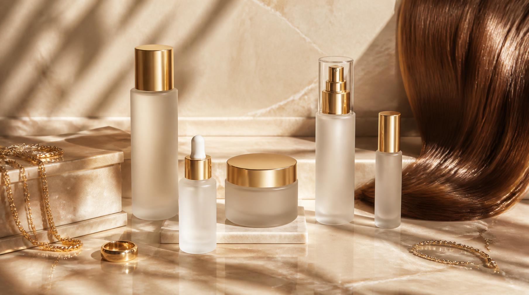 Premium skincare bottles, gold jewellery and glossy hair extensions arranged on marble