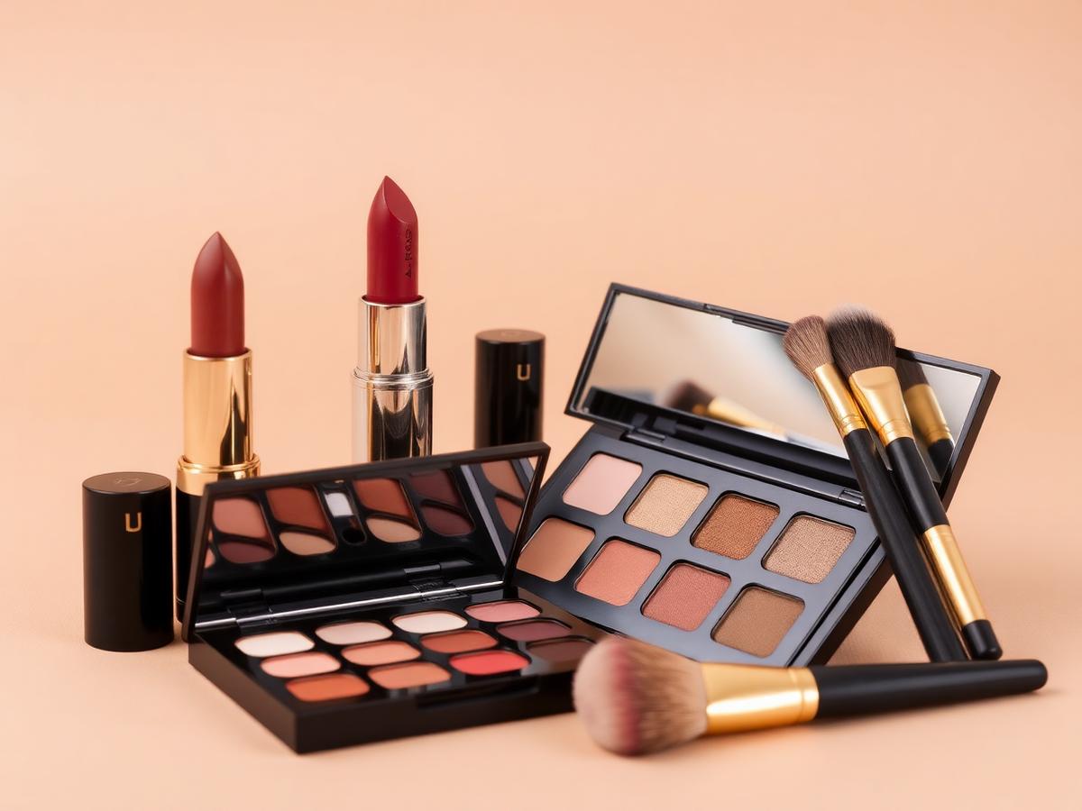 Lipsticks, neutral eyeshadow palettes and gold-ferrule brushes