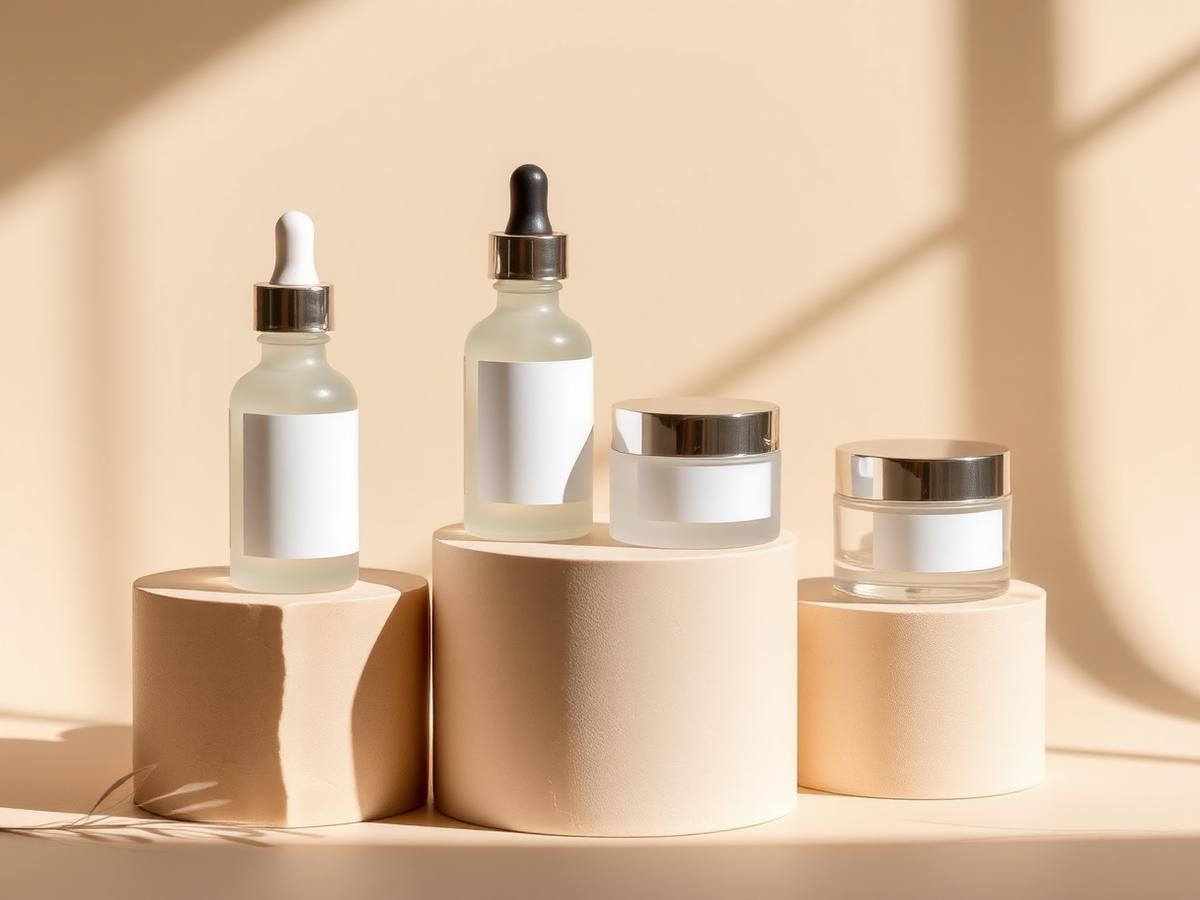 Skincare serum bottles and cream jars