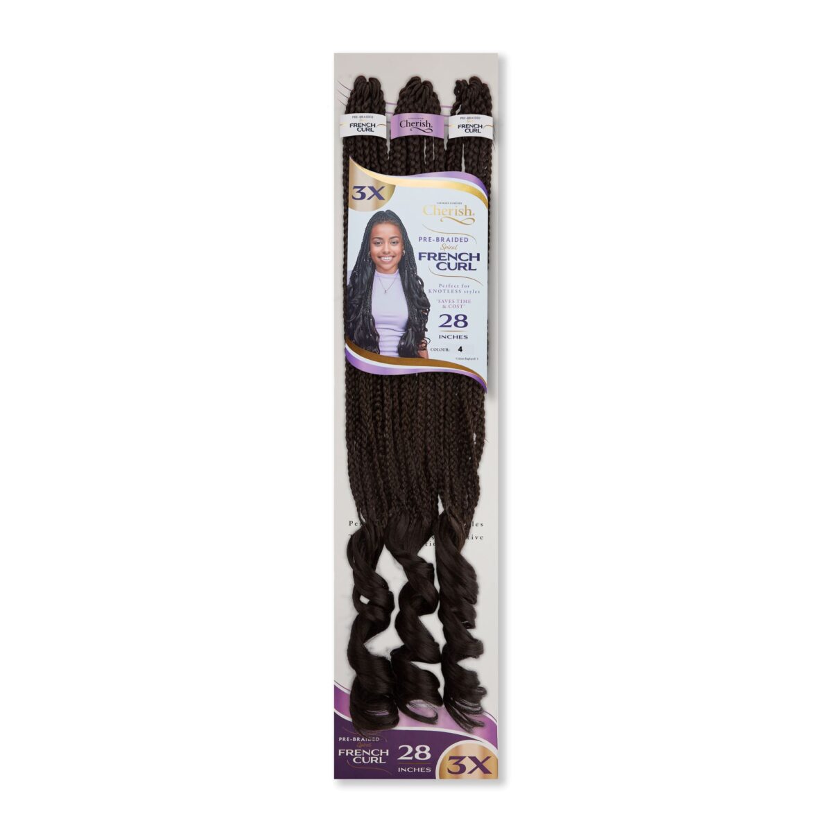 Cherish Spiral French Curl 3X 28" braids. Perfect for knotless styles. It comes pre-curled, pre-stretched with natural, voluminous, tangle-free texture.
