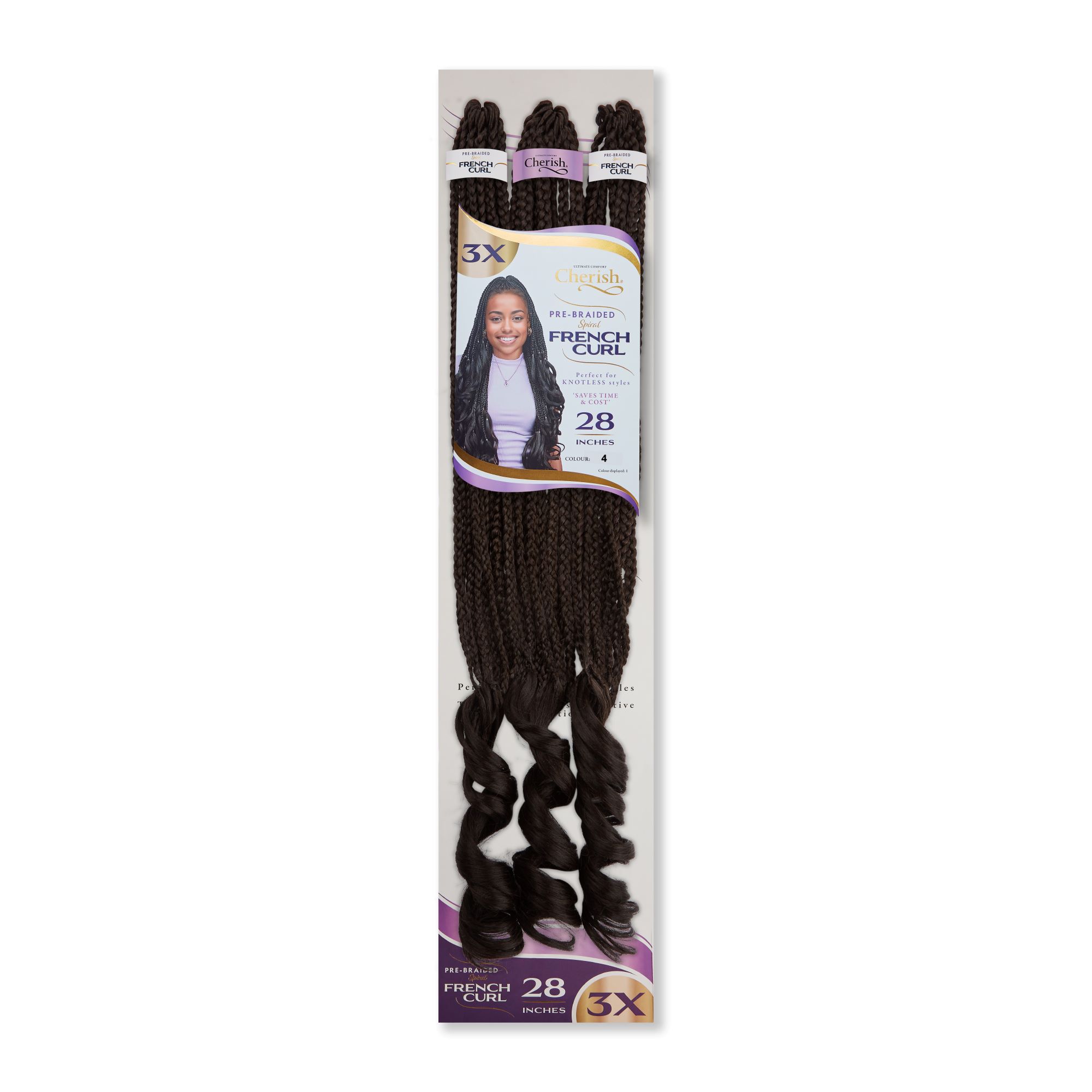 Cherish Spiral French Curl 3X 28" braids. Perfect for knotless styles. It comes pre-curled, pre-stretched with natural, voluminous, tangle-free texture.