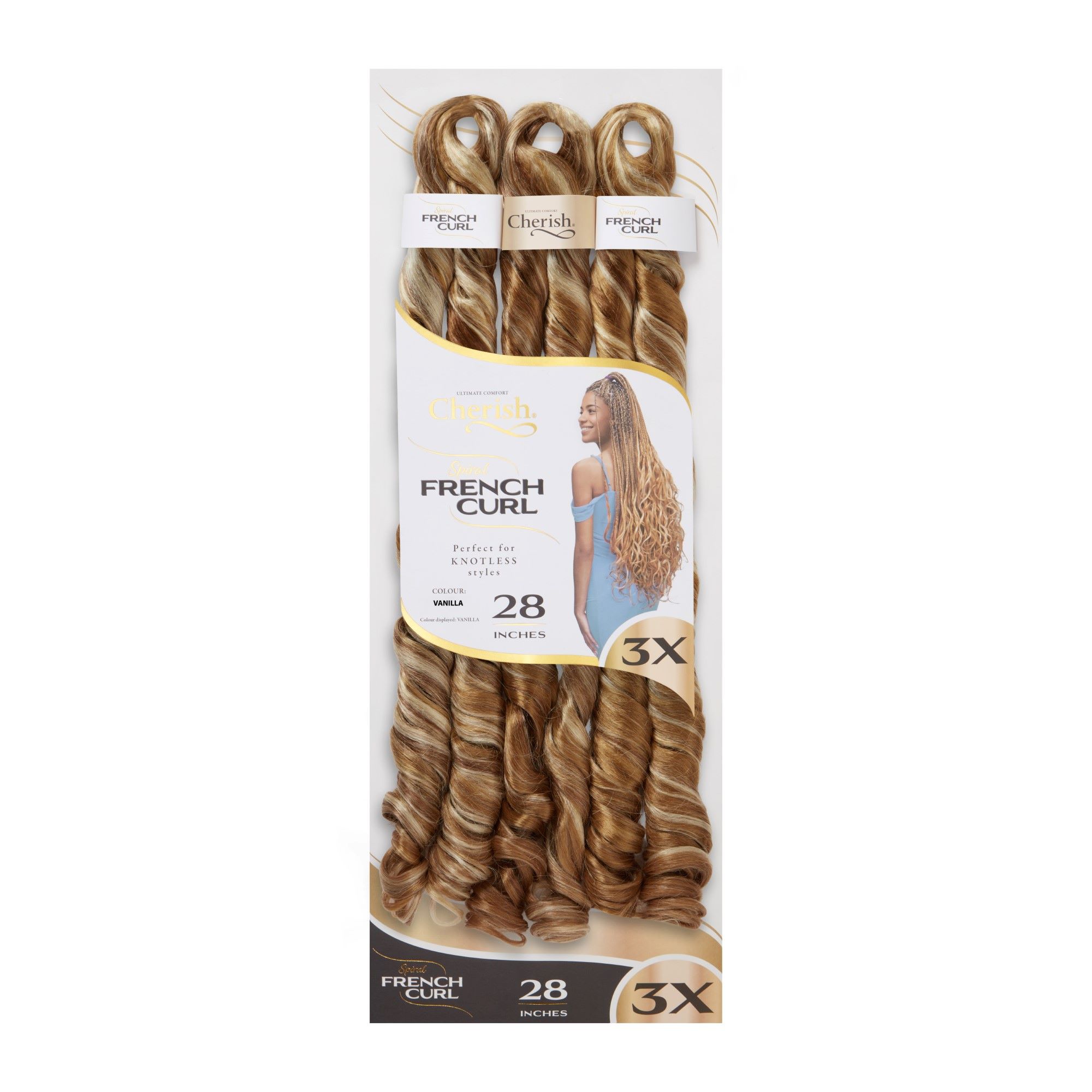 Cherish Spiral French Curl 3X 28" braids. Perfect for knotless styles. It comes pre-curled, pre-stretched with natural, voluminous, tangle-free texture.